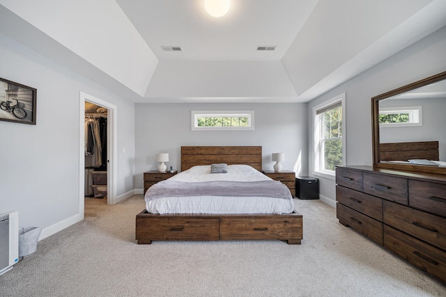 bedroom with a tray ceiling, light carpet, and a spacious closet