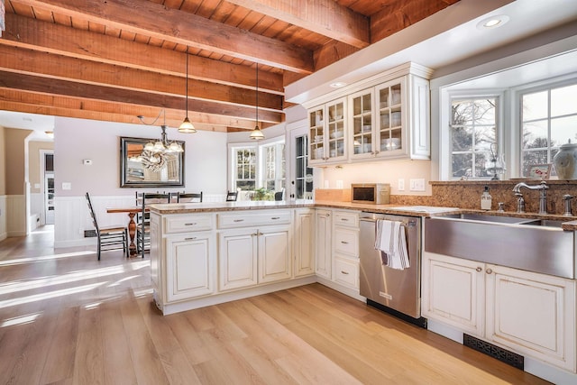 kitchen with light wood-type flooring, wooden ceiling, dishwasher, beamed ceiling, and pendant lighting