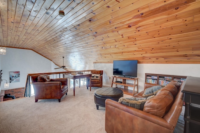 carpeted living room with wood ceiling and vaulted ceiling