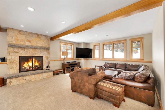 living area featuring a fireplace, recessed lighting, beam ceiling, and light colored carpet