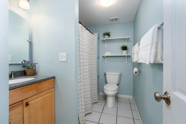 full bathroom with vanity, baseboards, visible vents, toilet, and tile patterned floors