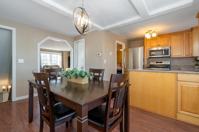 dining room featuring an inviting chandelier, dark wood finished floors, baseboards, arched walkways, and beamed ceiling