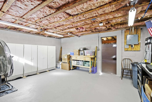 unfinished basement with concrete block wall and electric panel