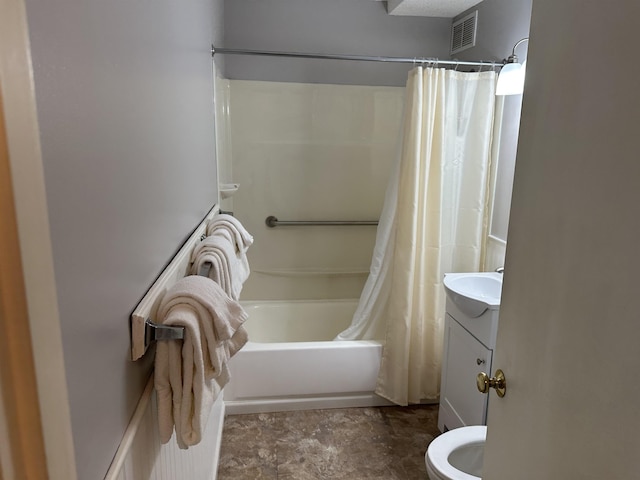 full bath with toilet, shower / tub combo, visible vents, and vanity