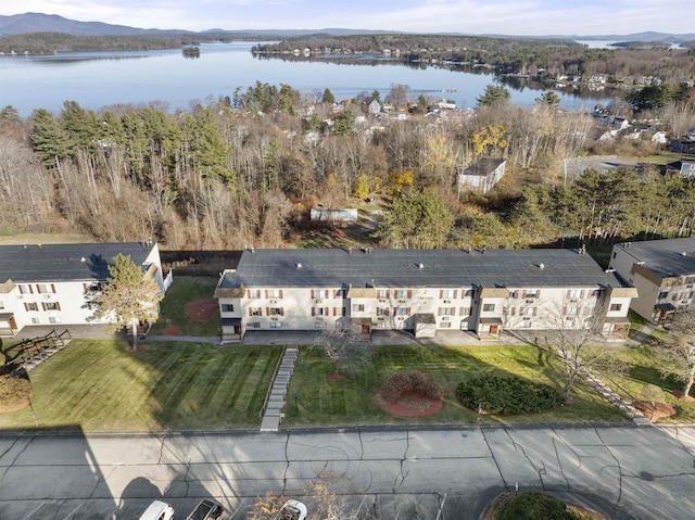 drone / aerial view featuring a water and mountain view