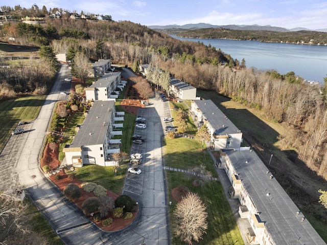 birds eye view of property with a water and mountain view