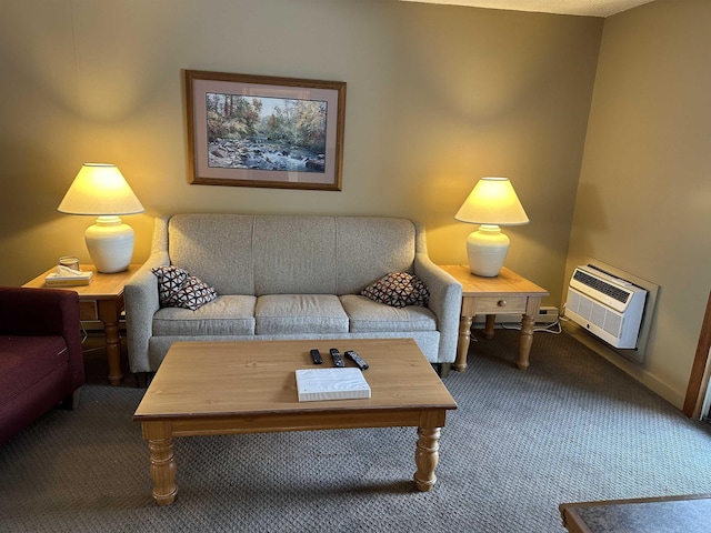 living room featuring dark colored carpet, a wall unit AC, and baseboards