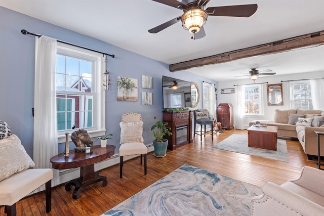 living room featuring beam ceiling, wood finished floors, and a glass covered fireplace