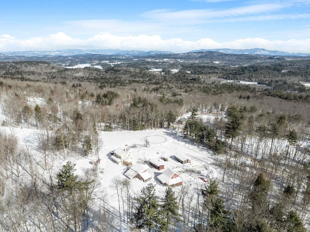 snowy aerial view with a mountain view