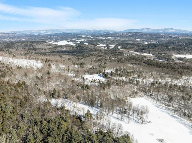 snowy aerial view with a mountain view