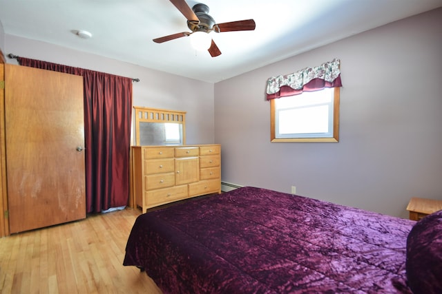 bedroom featuring light wood-style floors and a ceiling fan