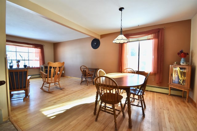 dining area featuring a baseboard heating unit, beam ceiling, light wood-style flooring, and baseboards