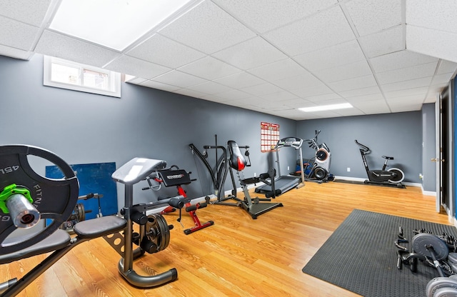 exercise area featuring wood finished floors, a paneled ceiling, and baseboards