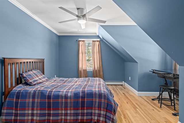 bedroom with ceiling fan, a baseboard radiator, wood finished floors, baseboards, and crown molding