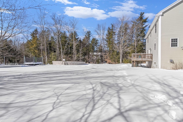 yard covered in snow with a deck and a trampoline