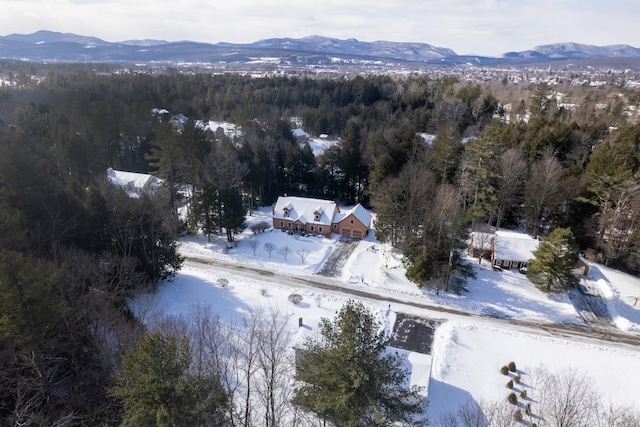 snowy aerial view featuring a mountain view