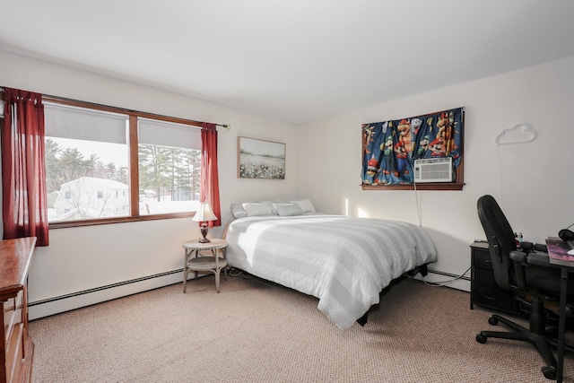 carpeted bedroom featuring a baseboard radiator and cooling unit