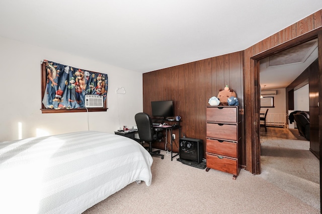 bedroom featuring cooling unit, light carpet, and wooden walls