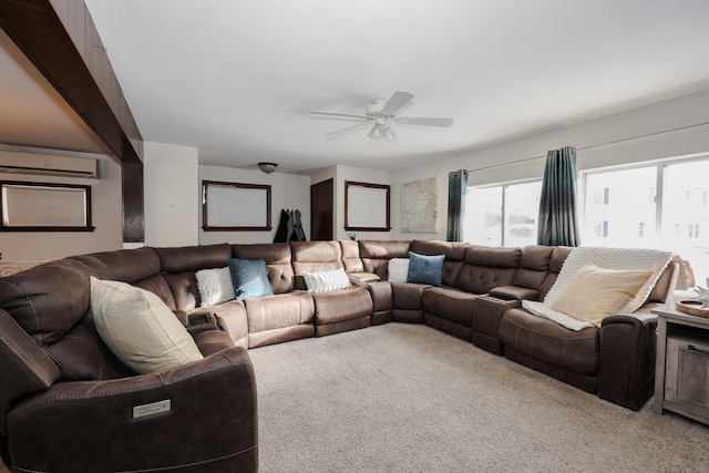 living room featuring a wall unit AC, ceiling fan, and carpet flooring