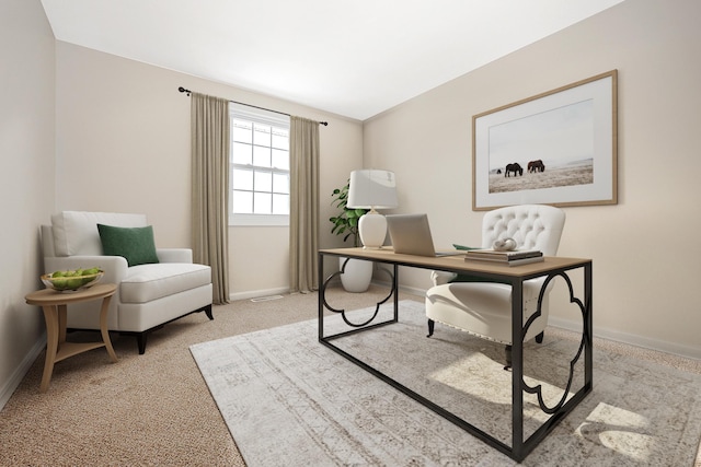 home office with light carpet and baseboards