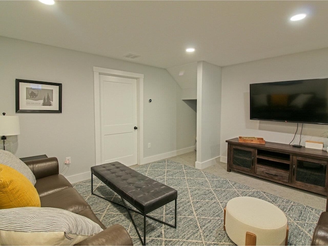 living room with baseboards, visible vents, light colored carpet, and recessed lighting