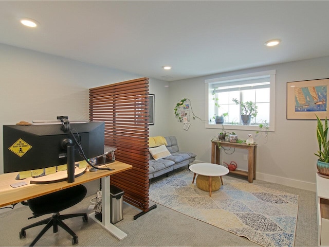 office space with baseboards, carpet, and recessed lighting