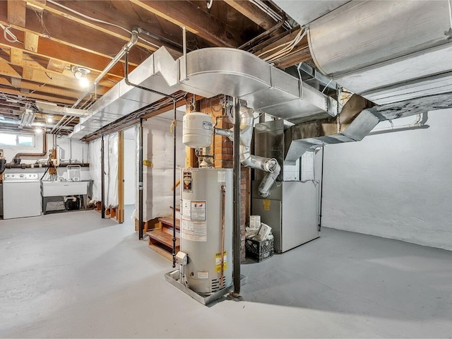 basement featuring heating unit, washer / dryer, water heater, and a sink