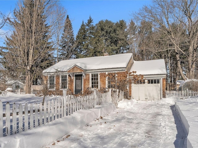 ranch-style house featuring a fenced front yard, driveway, a chimney, and an attached garage