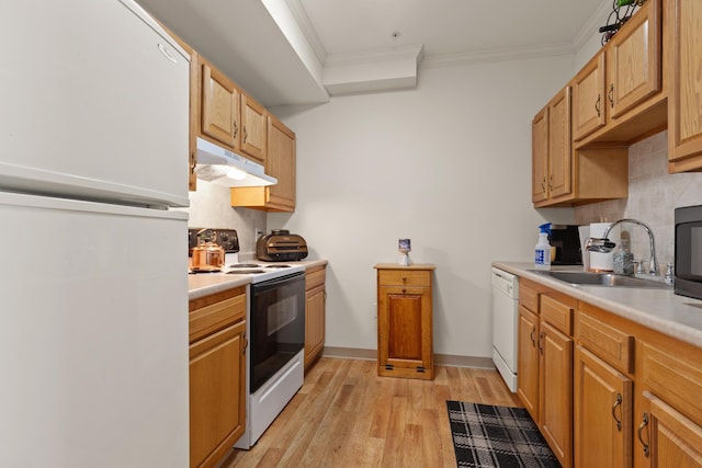 kitchen with white appliances, ornamental molding, light countertops, under cabinet range hood, and a sink