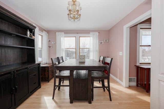 dining area featuring light wood-style floors, baseboards, visible vents, and a wealth of natural light