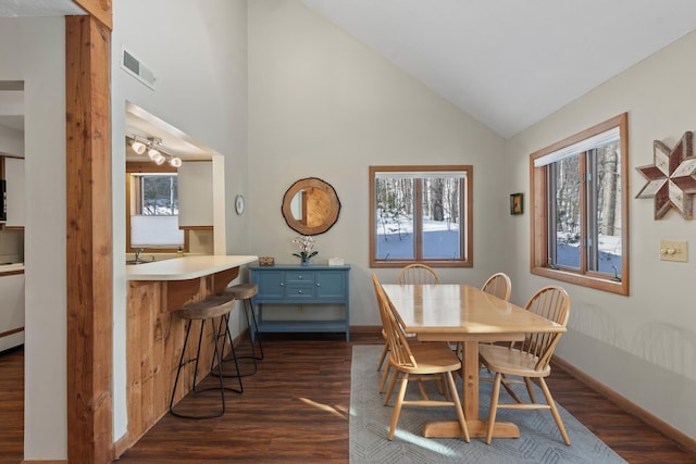 dining room featuring dark wood-style floors, baseboards, and visible vents