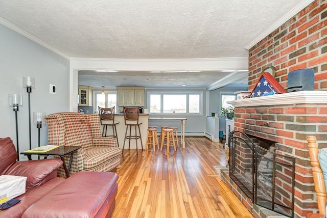 living room with light wood-style floors, a fireplace, ornamental molding, and a textured ceiling