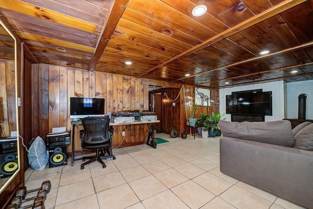 office area featuring wood ceiling, wood walls, and light tile patterned floors