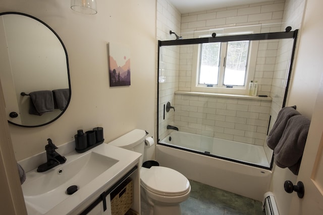 bathroom with toilet, shower / bath combination with glass door, a baseboard heating unit, and a sink