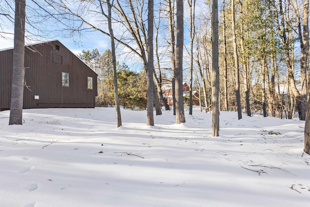 yard layered in snow with a garage