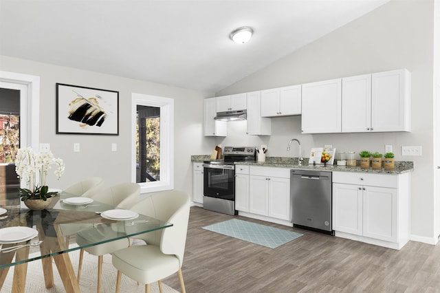 kitchen featuring white cabinets, lofted ceiling, appliances with stainless steel finishes, light stone countertops, and a sink