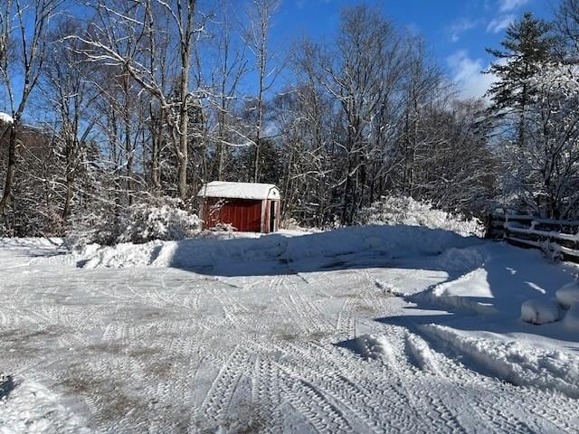 yard layered in snow with a garage, a storage unit, and an outdoor structure