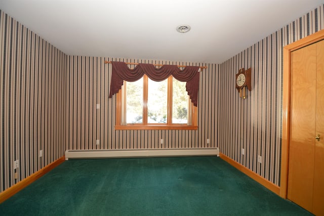 unfurnished room with wallpapered walls, a baseboard radiator, baseboards, and dark colored carpet