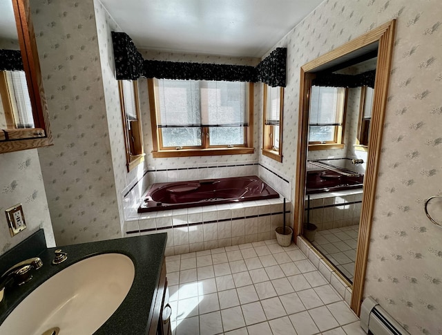 full bath with a baseboard heating unit, tile patterned floors, and wallpapered walls