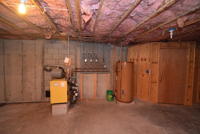 unfinished basement featuring water heater and a heating unit