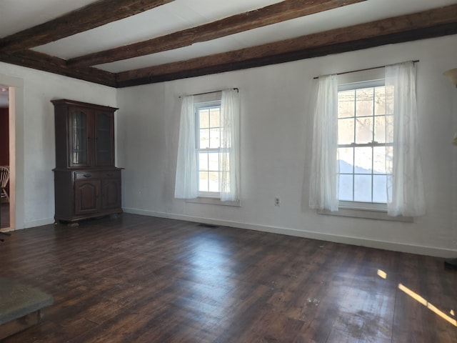 interior space with dark wood-style flooring, beamed ceiling, and baseboards