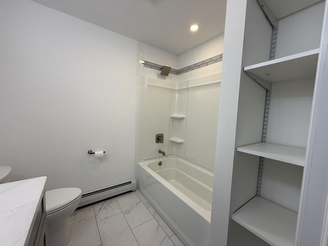 full bathroom featuring bathing tub / shower combination, toilet, marble finish floor, baseboard heating, and vanity