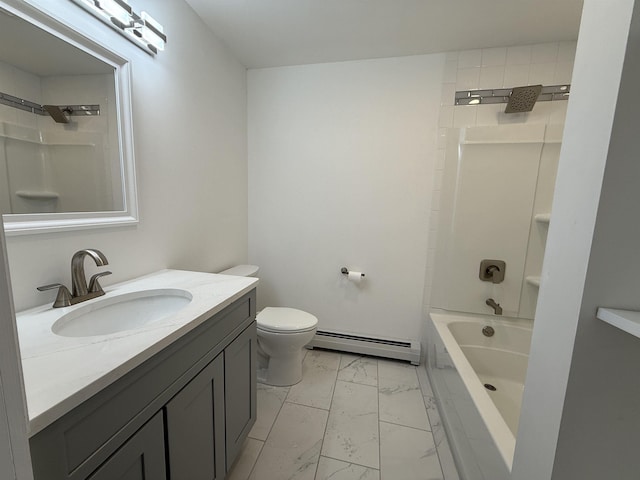 bathroom with a baseboard radiator, toilet, vanity, marble finish floor, and shower / washtub combination