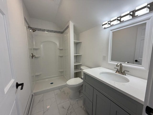 bathroom with a baseboard heating unit, marble finish floor, a shower stall, and toilet