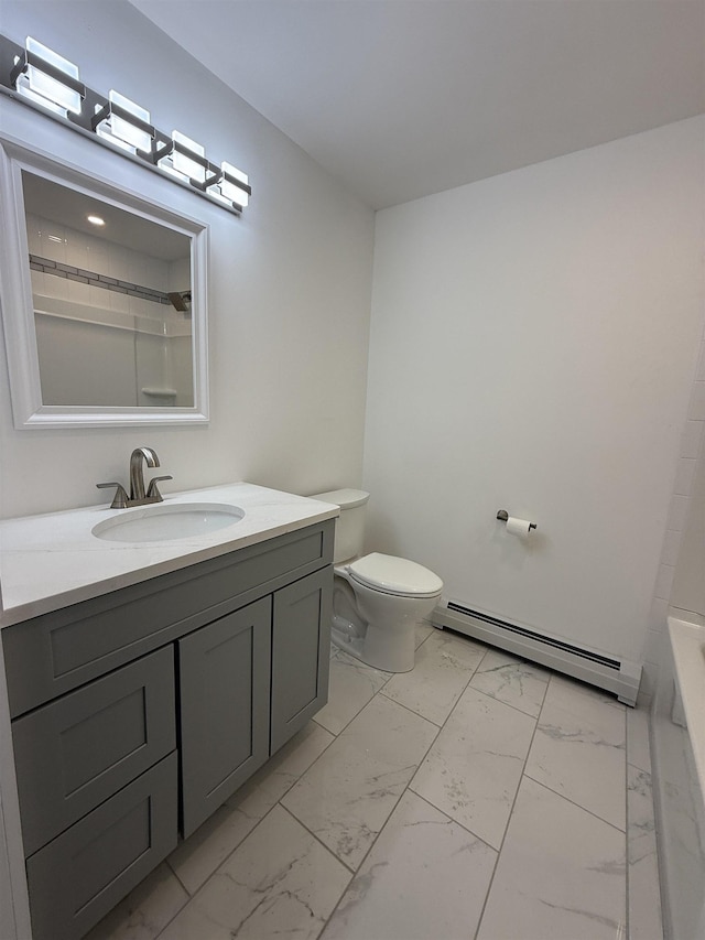 bathroom with toilet, shower / bath combination, vanity, marble finish floor, and baseboard heating