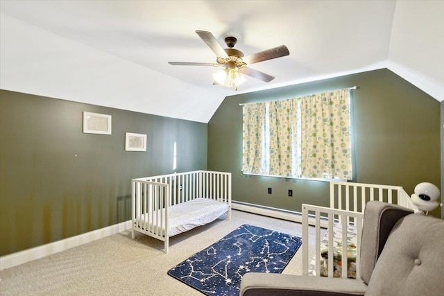 carpeted bedroom featuring lofted ceiling, ceiling fan, and baseboards