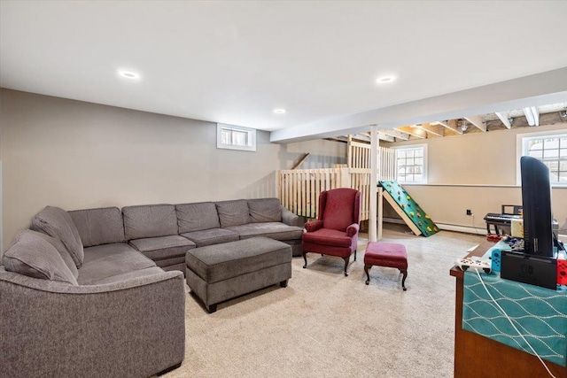 carpeted living room with recessed lighting