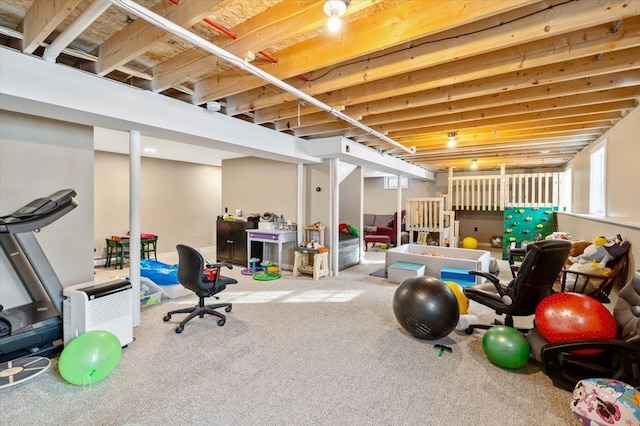 workout area featuring carpet flooring