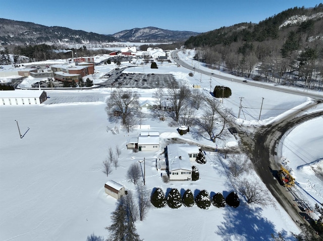snowy aerial view with a mountain view