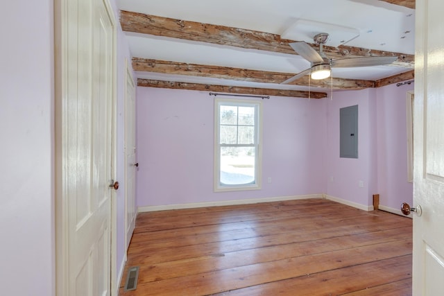 unfurnished room featuring beam ceiling, visible vents, electric panel, and light wood finished floors